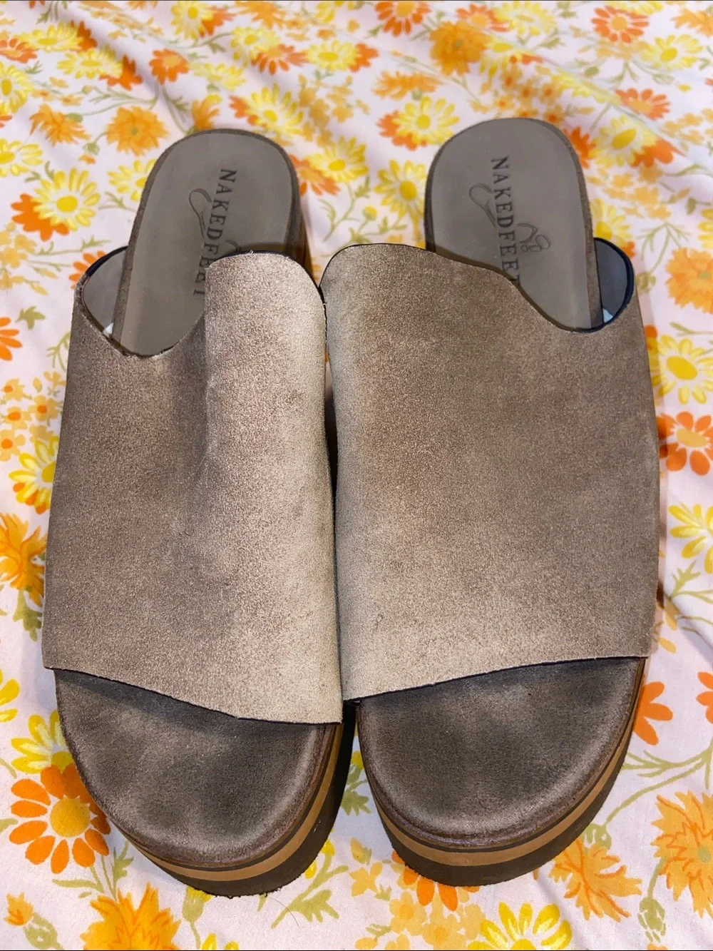 NakedFeet Taupe Suede Platform Slide Sandals